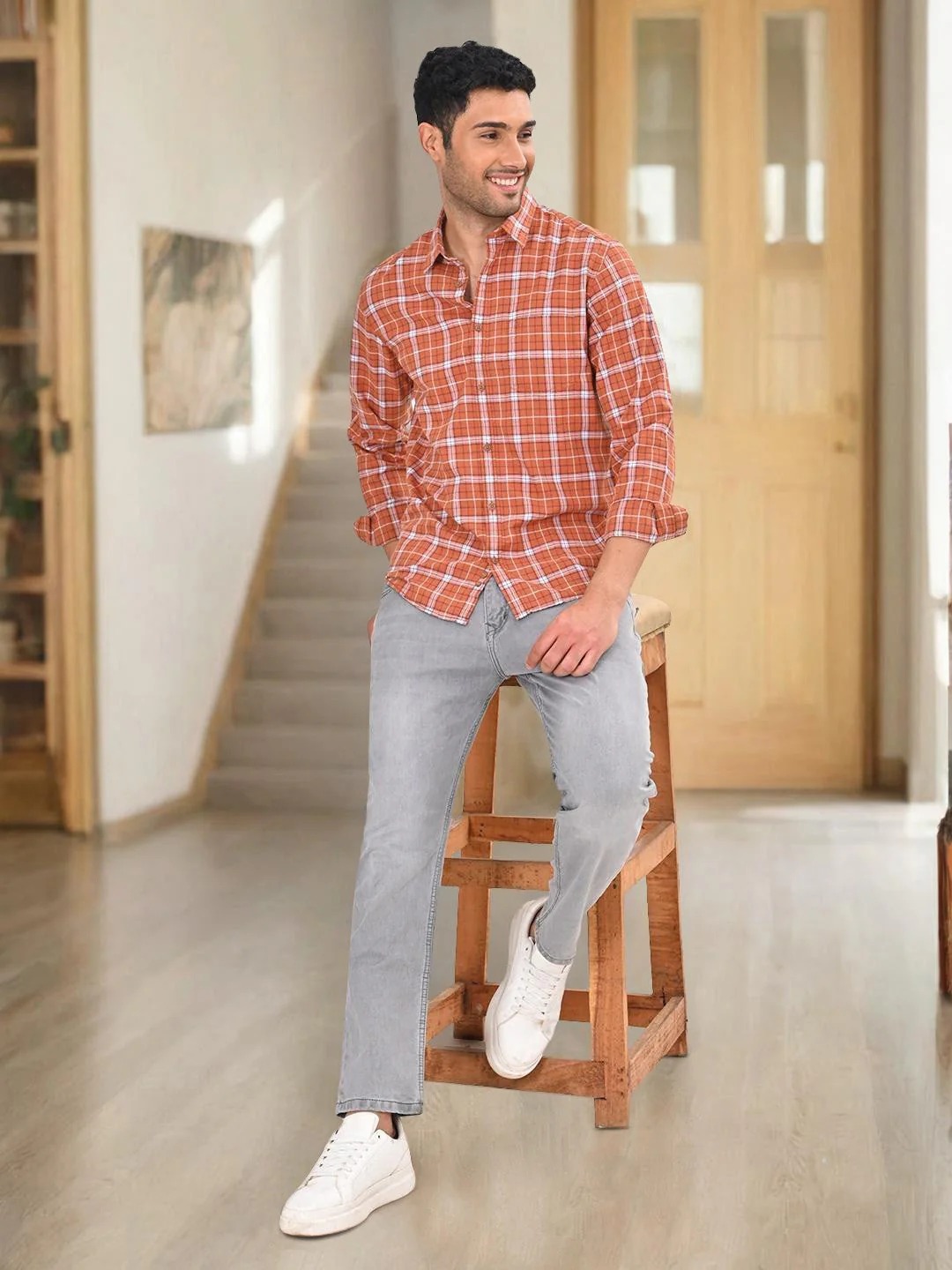 Indian Terrain Men's Regular Fit Full Sleeve Checkered Brown Shirt